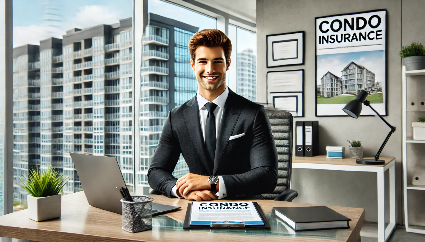 Independent condo insurance agent reviewing HO-6 coverage with a condo owner in a modern high-rise