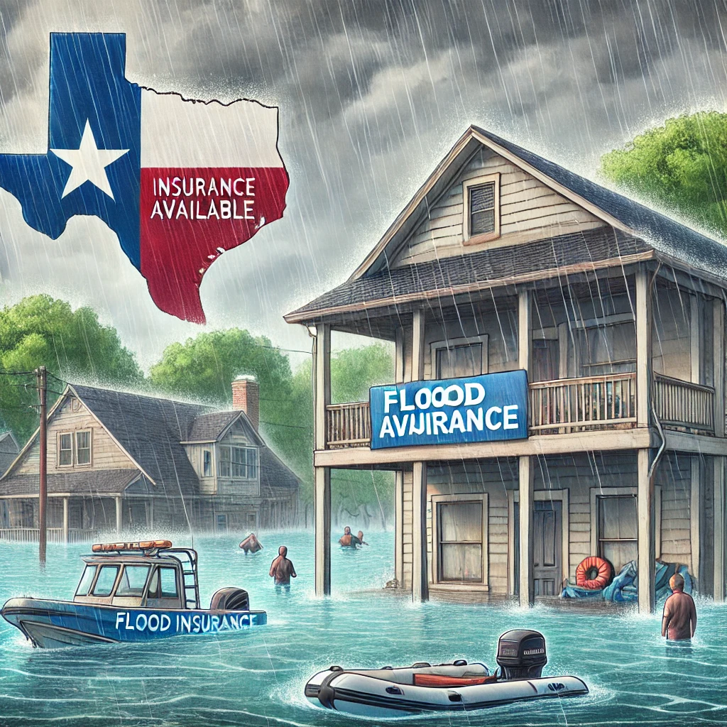 Texas neighborhood with high water warning sign as an agent reviews flood insurance options