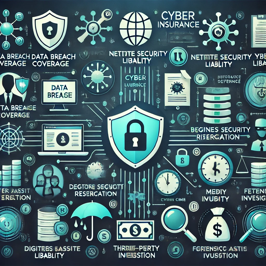 Key coverage elements of cyber insurance diagram on a laptop screen