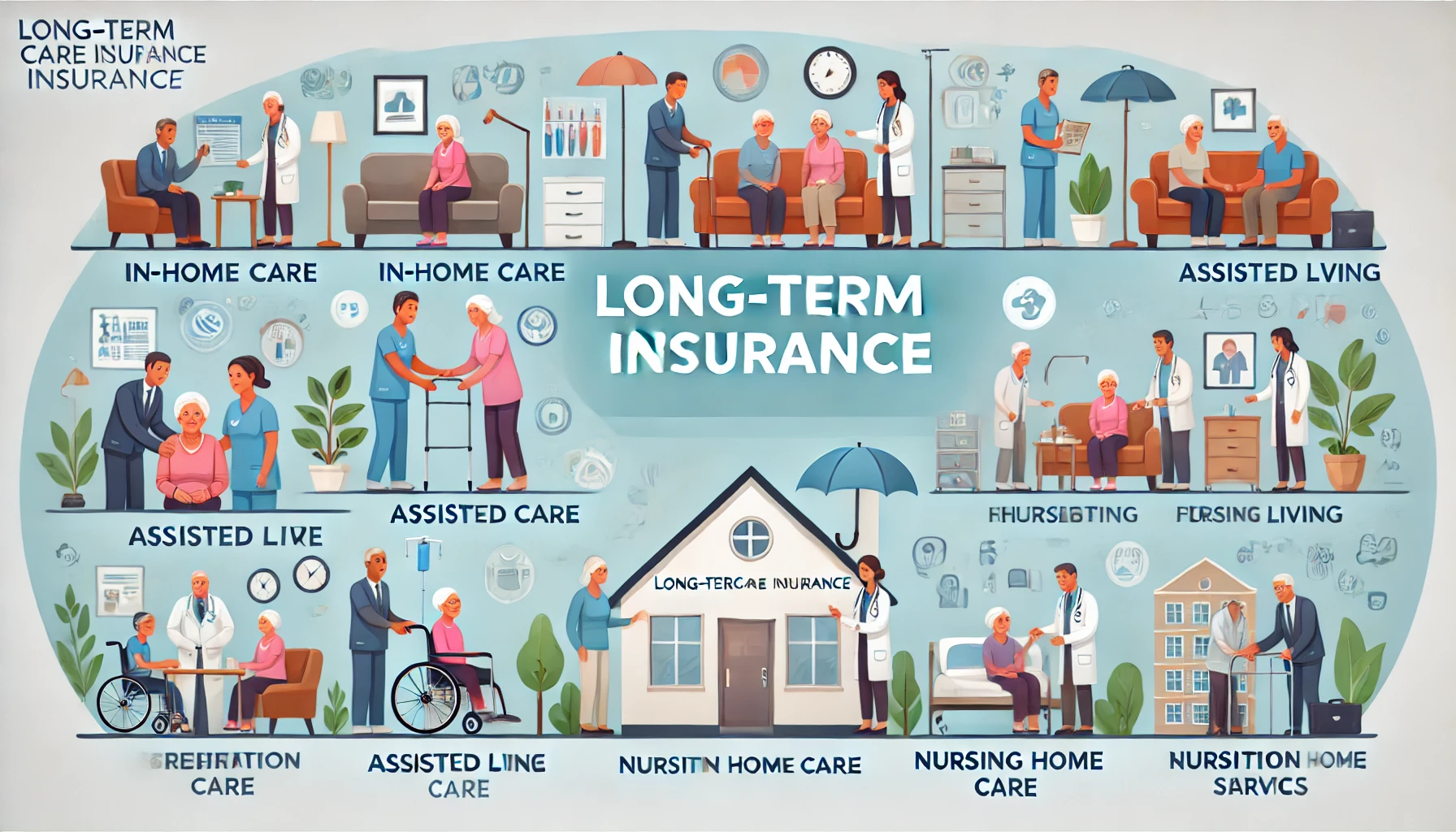 Couple reviewing long-term care insurance options at home with an agent