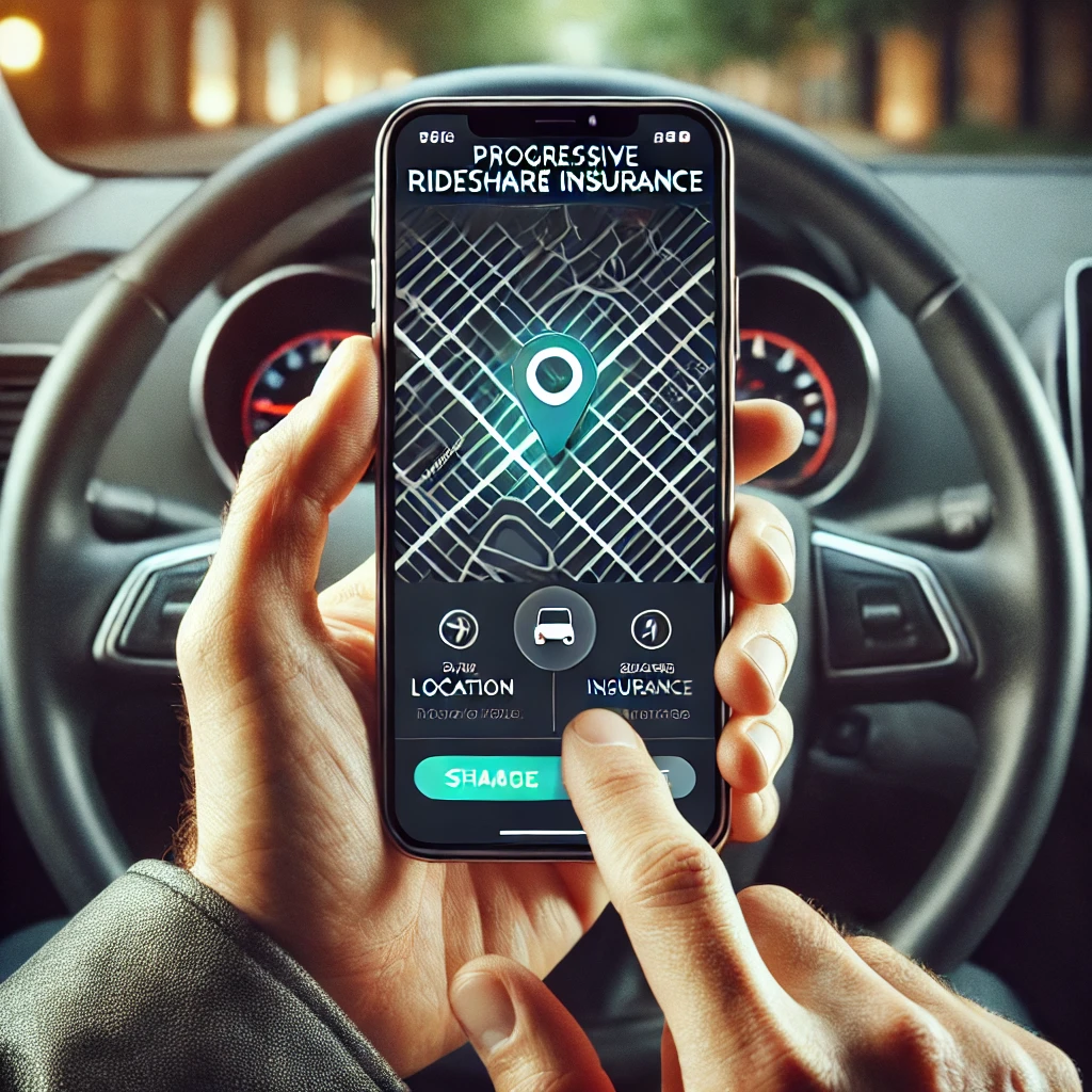 Driver reviewing Progressive rideshare insurance options on a phone for Uber, Lyft, and delivery work