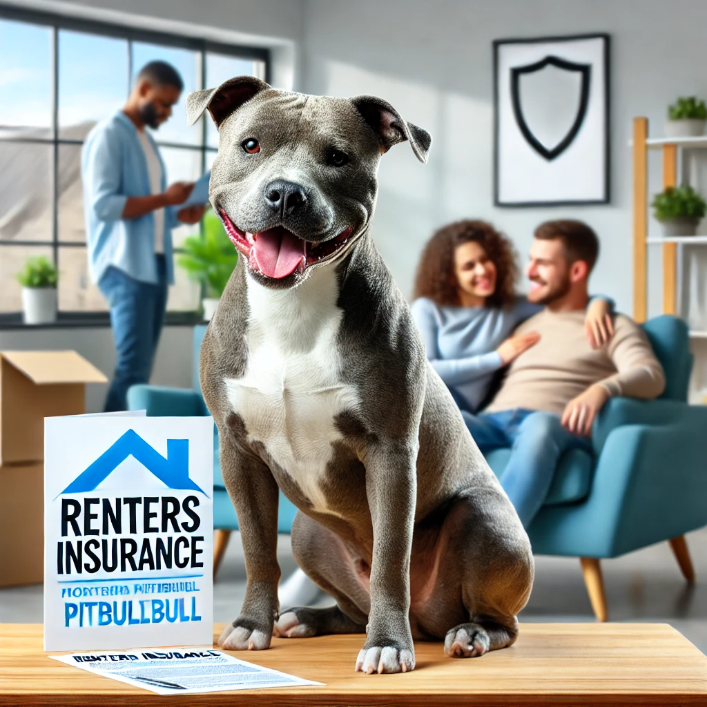 Pit bull resting on a couch with renters insurance coverage checklist for dog owners