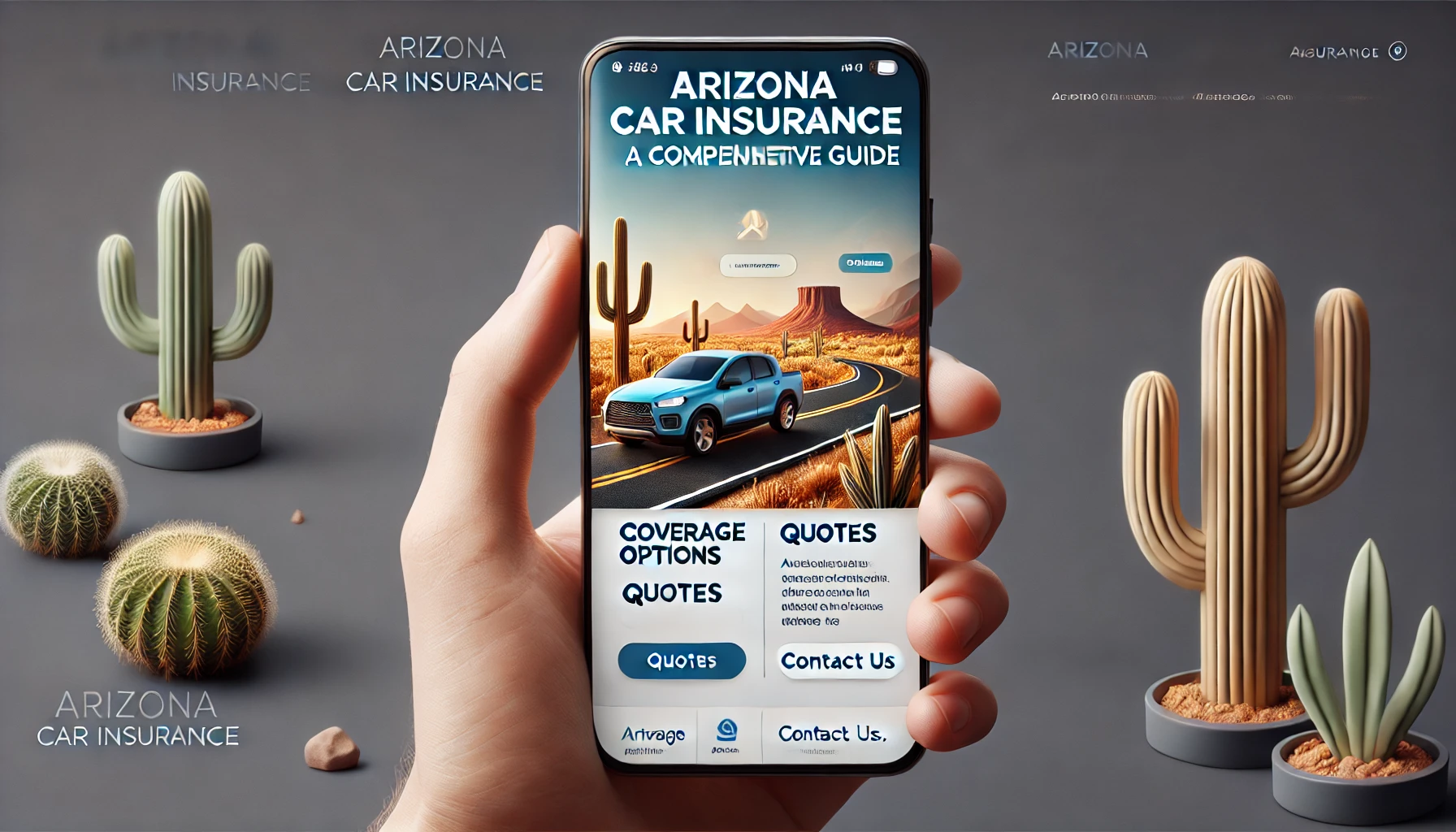 Arizona highway with desert landscape at sunset as a driver reviews car insurance options