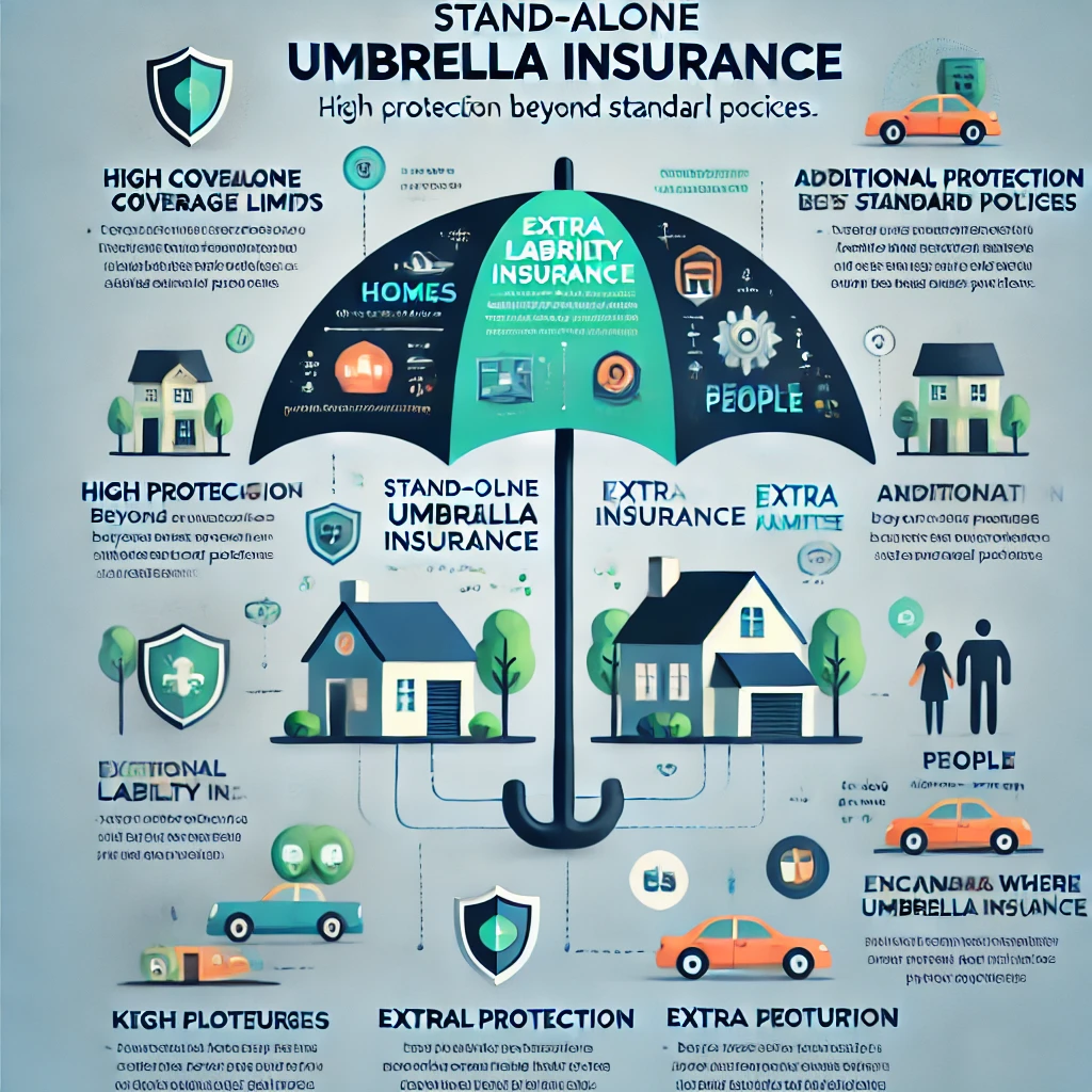 Stand-alone umbrella insurance concept showing an umbrella protecting a home, car, and family