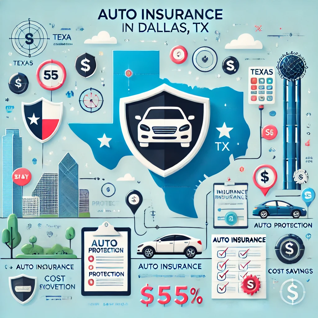 Dallas skyline with traffic at dusk as a driver reviews Texas auto insurance coverage