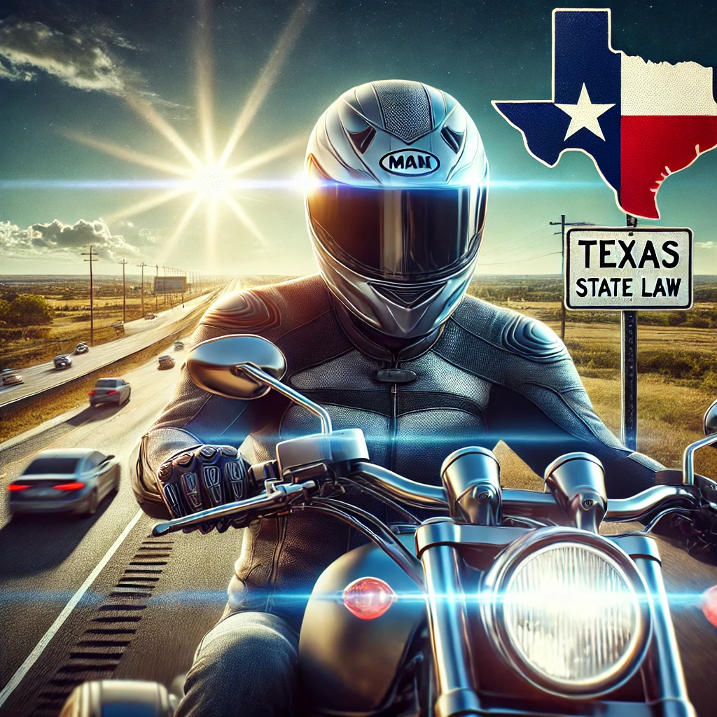 Motorcyclist wearing a helmet riding on a Texas highway