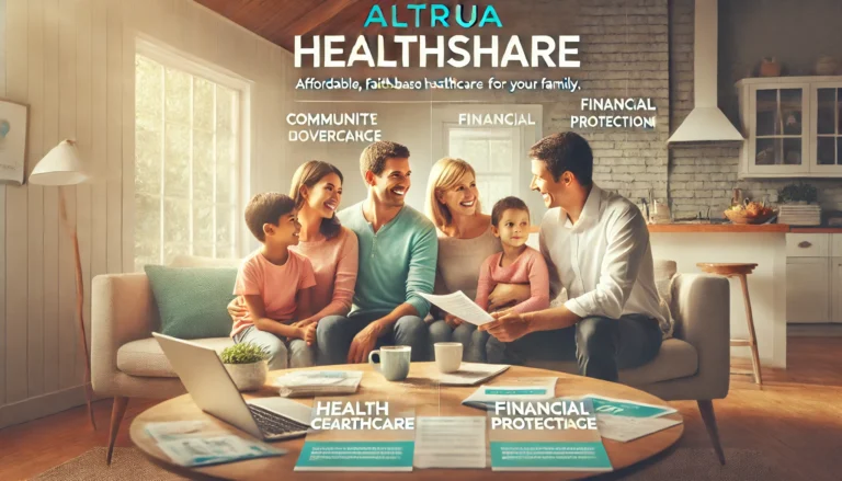 Illustration of a family reviewing health care sharing paperwork at home