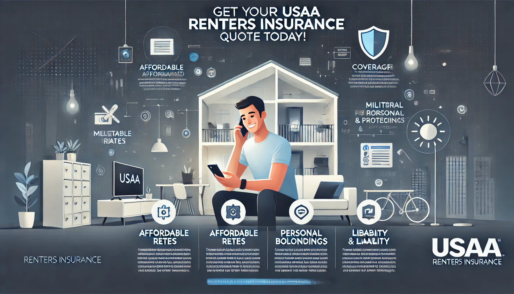 USAA renters insurance guide illustration with apartment belongings and a protective shield icon
