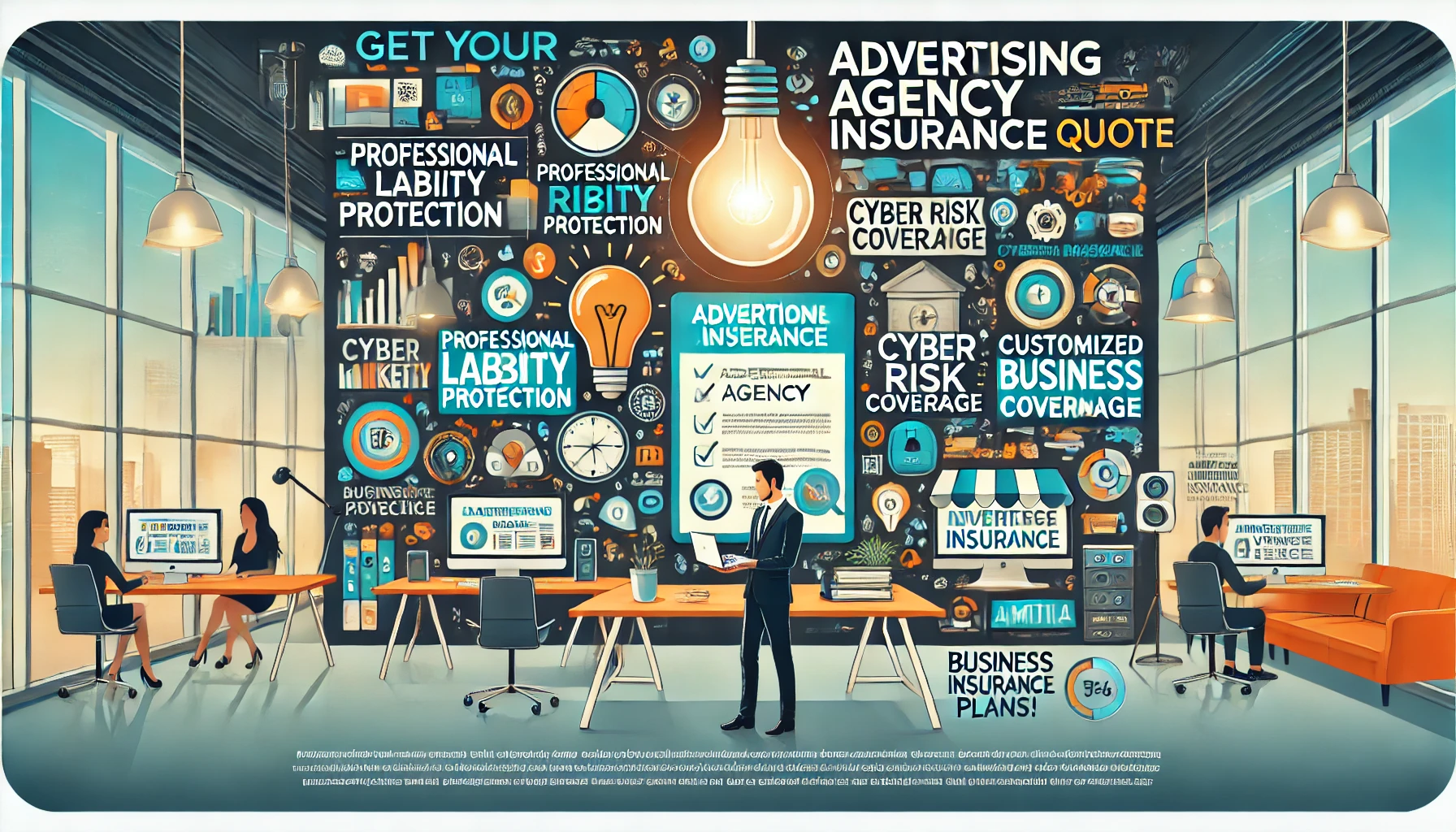 Advertising agency team reviewing insurance options for media liability, cyber, business owner’s policy, workers’ comp, and production coverage