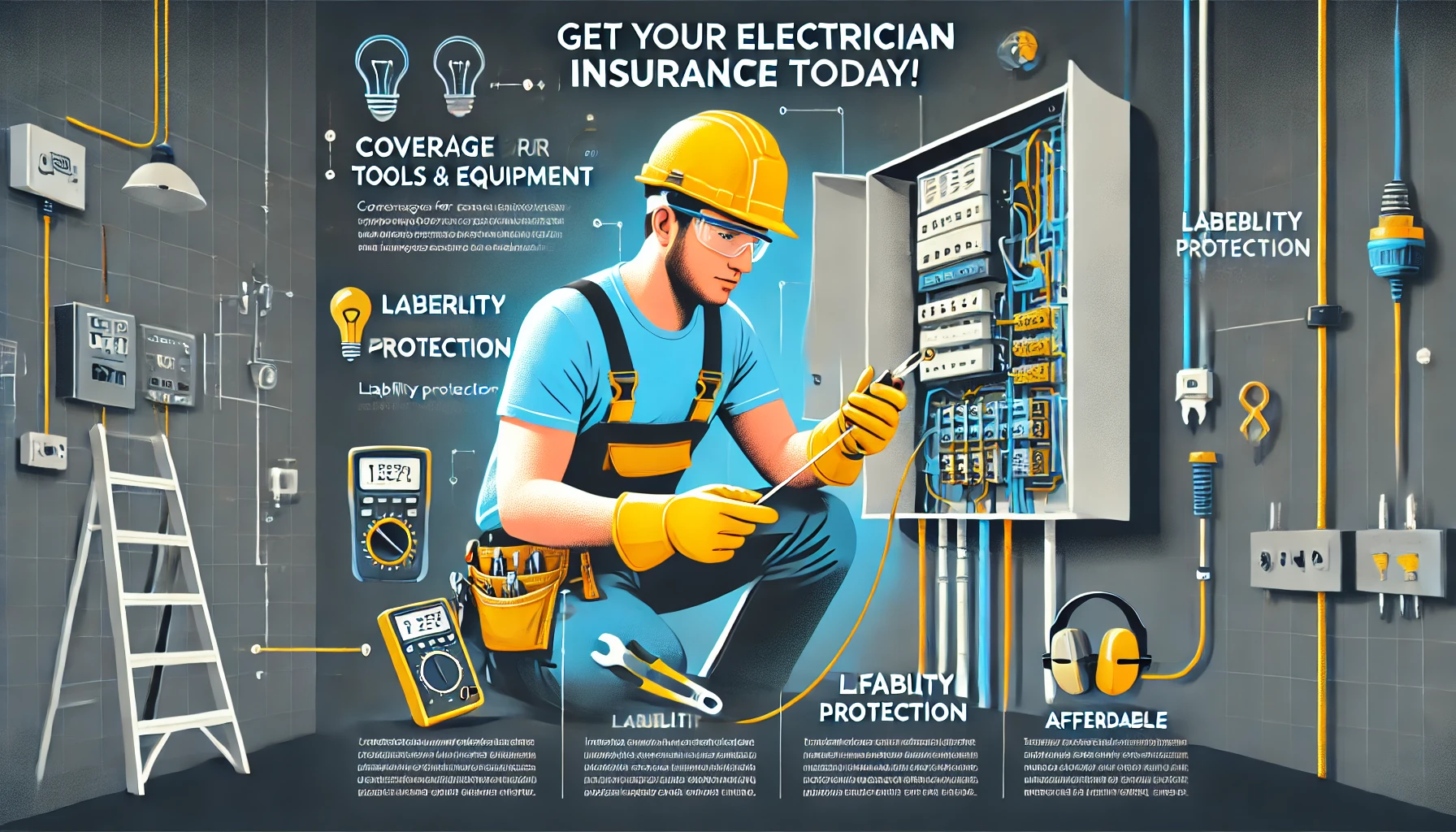 Electrician installing panel while reviewing insurance coverages on a tablet