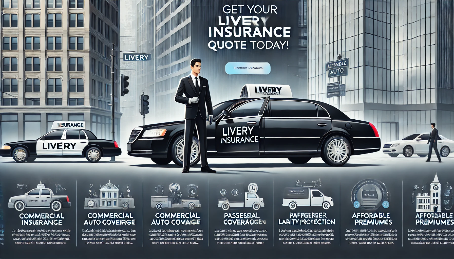 Chauffeured black car in front of a city hotel while a driver reviews a livery insurance quote on a phone