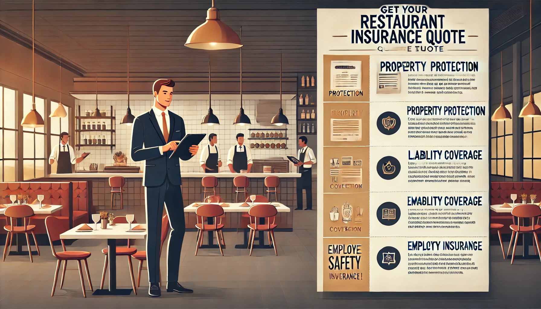 Restaurant owner reviewing insurance coverage options for kitchen, staff, and dining area