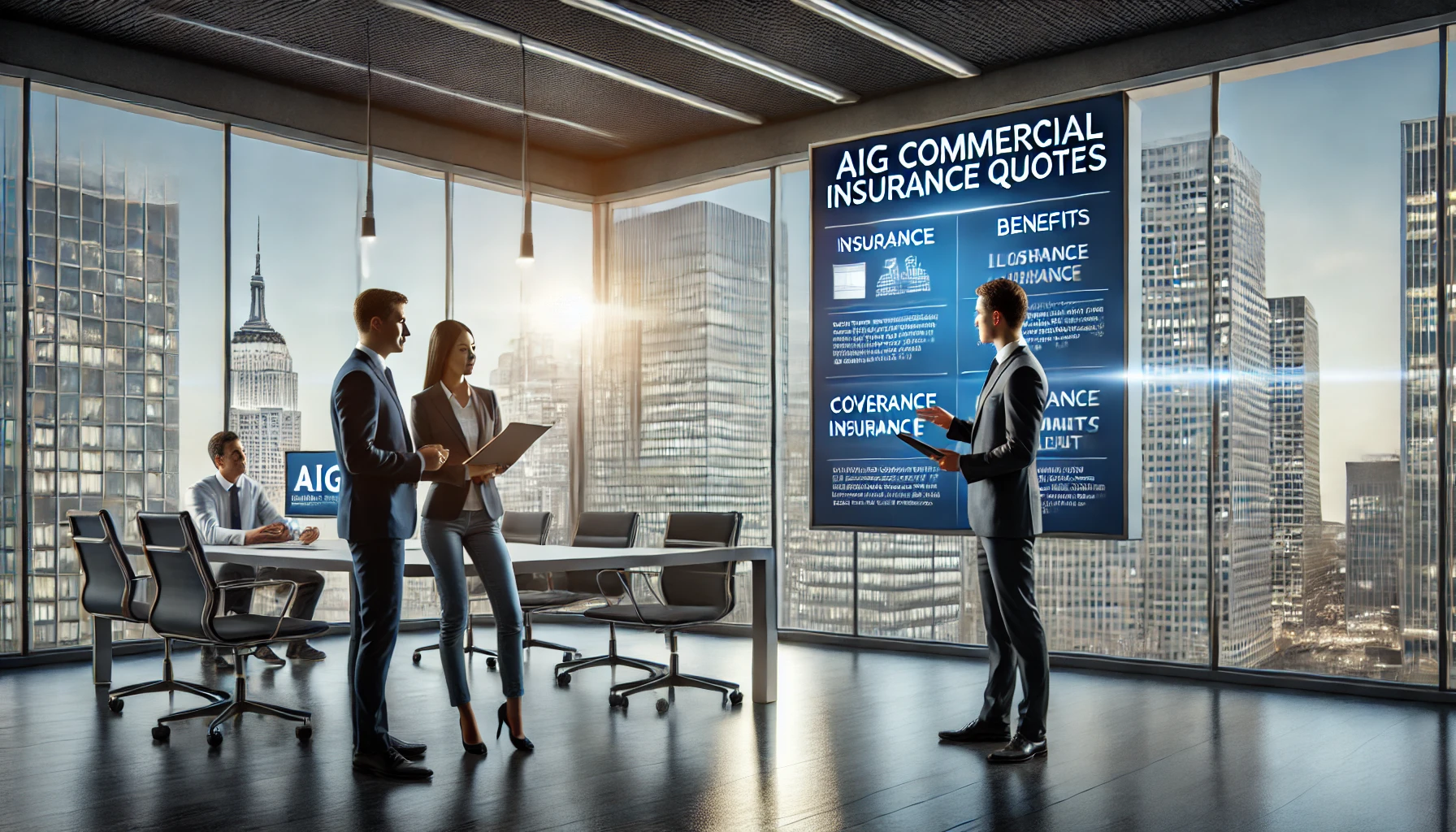 Small business owner reviewing an AIG commercial insurance quote with an agent