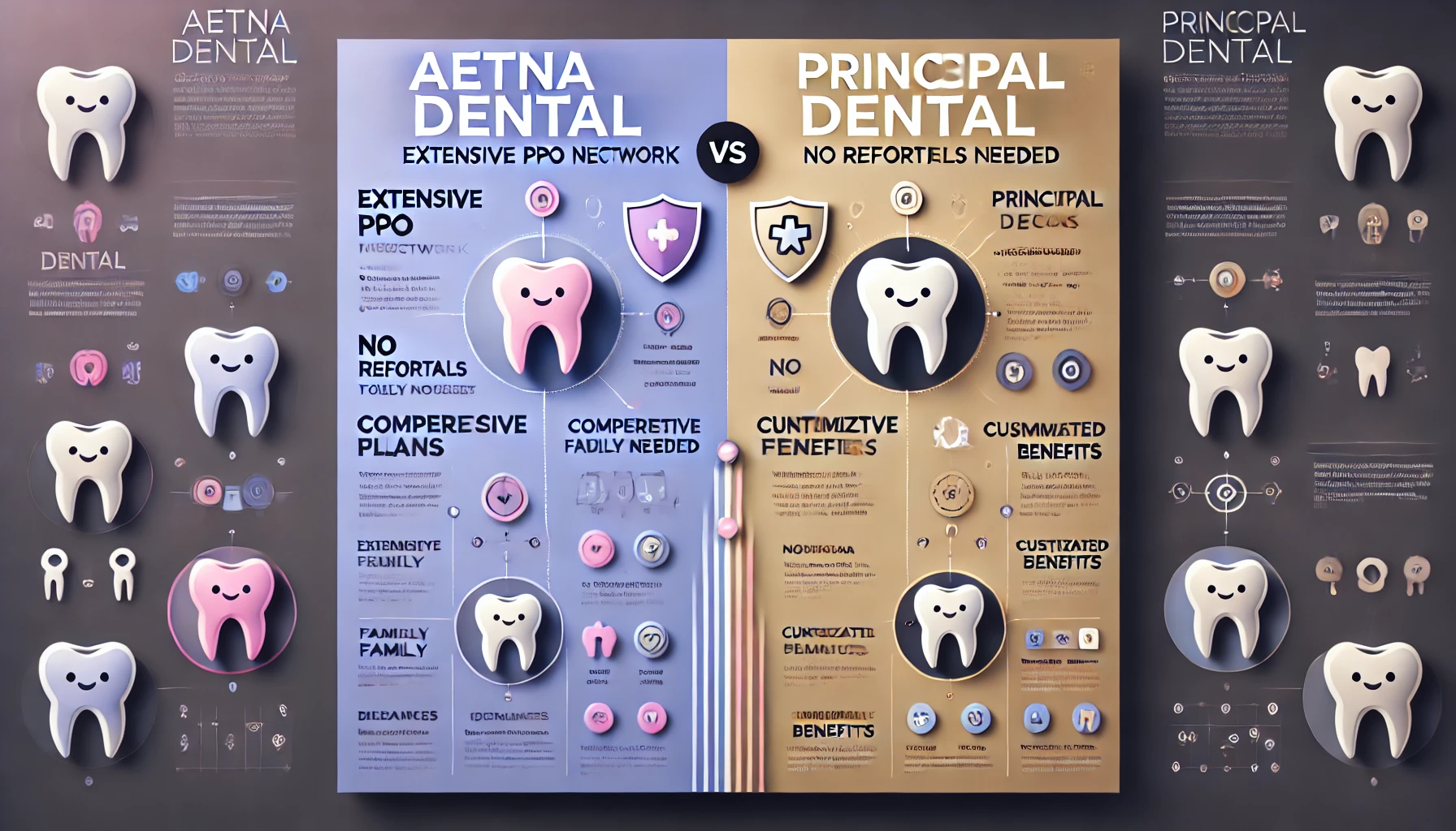Aetna Dental versus Principal Dental comparison with PPO, DHMO, waiting period and annual maximum icons