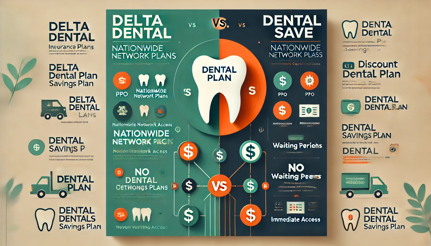 Side-by-side comparison of Delta Dental insurance and DentalSave discount membership for dental costs