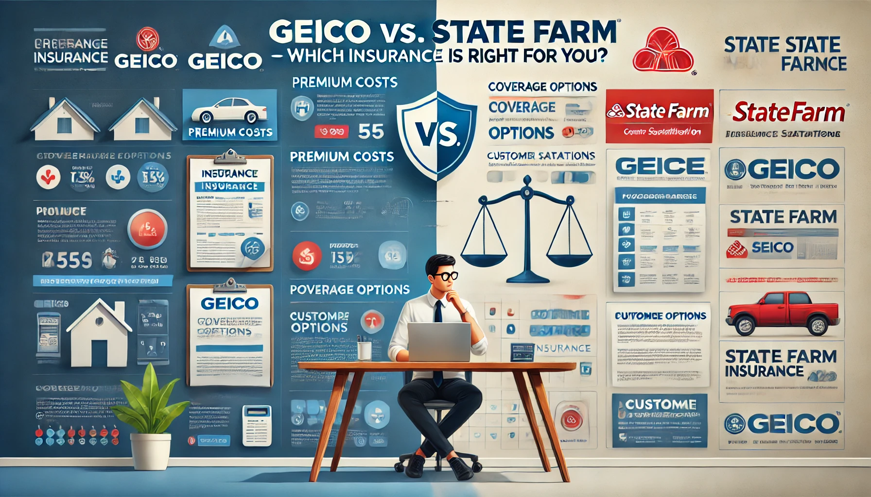 Side-by-side comparison concept for State Farm vs GEICO auto insurance