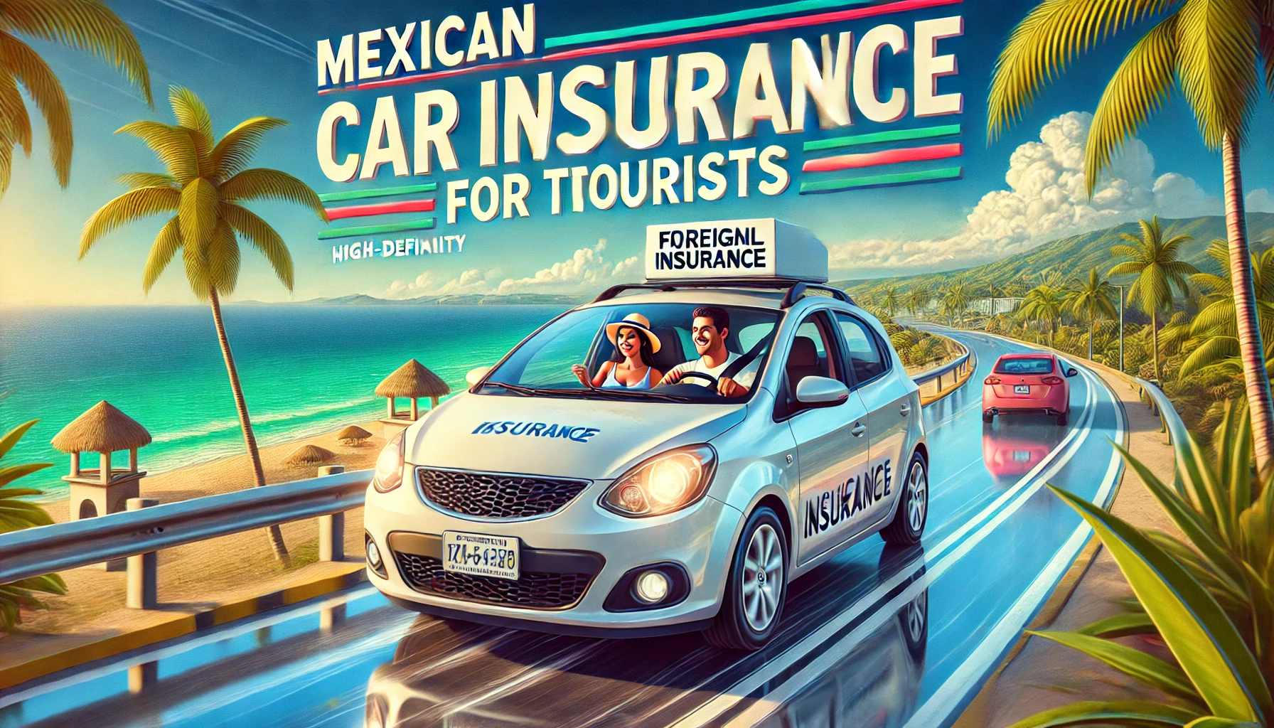 Tourists driving a car with foreign plates toward a Mexican beach town, representing Mexican car insurance for visitors.
