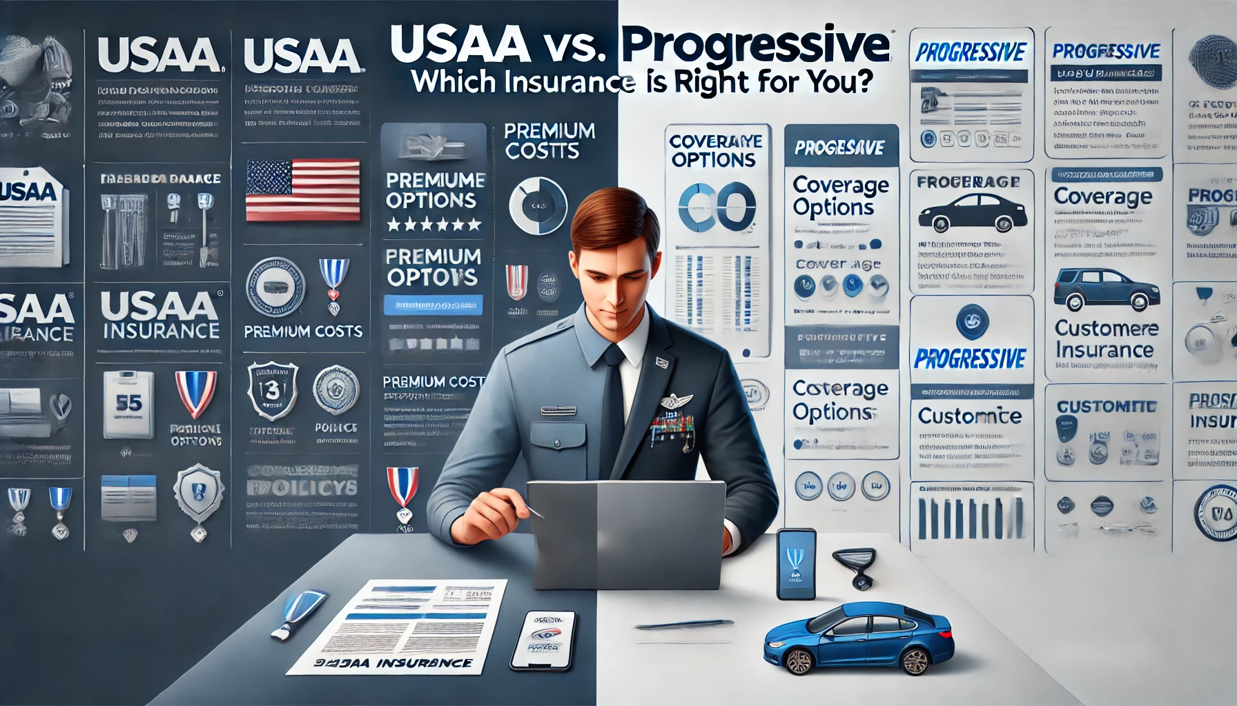 USAA vs Progressive side-by-side auto insurance comparison for coverage, discounts, telematics, and bundling