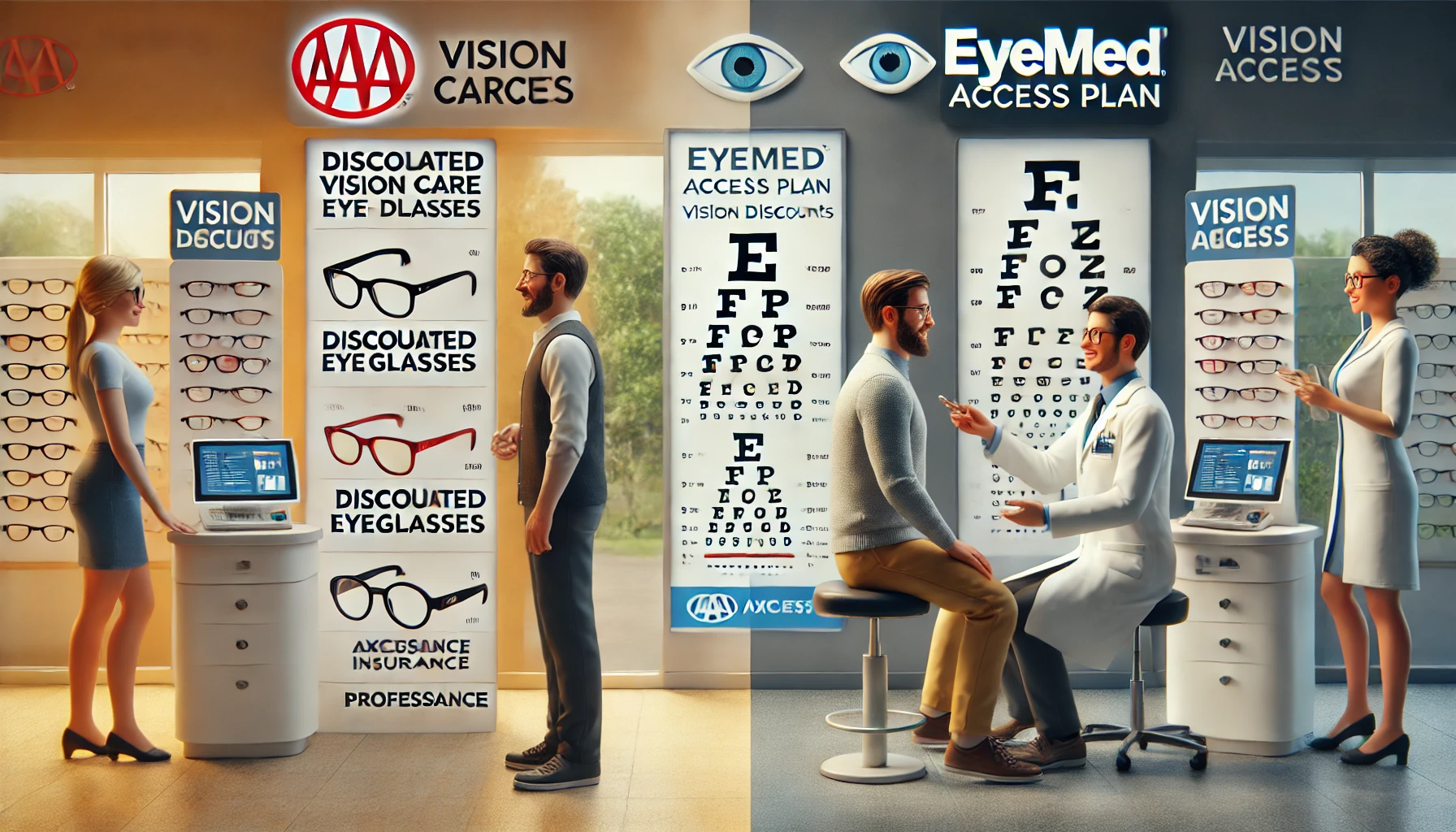 Side-by-side comparison of AAA Vision Discount and EyeMed Access savings at optical providers