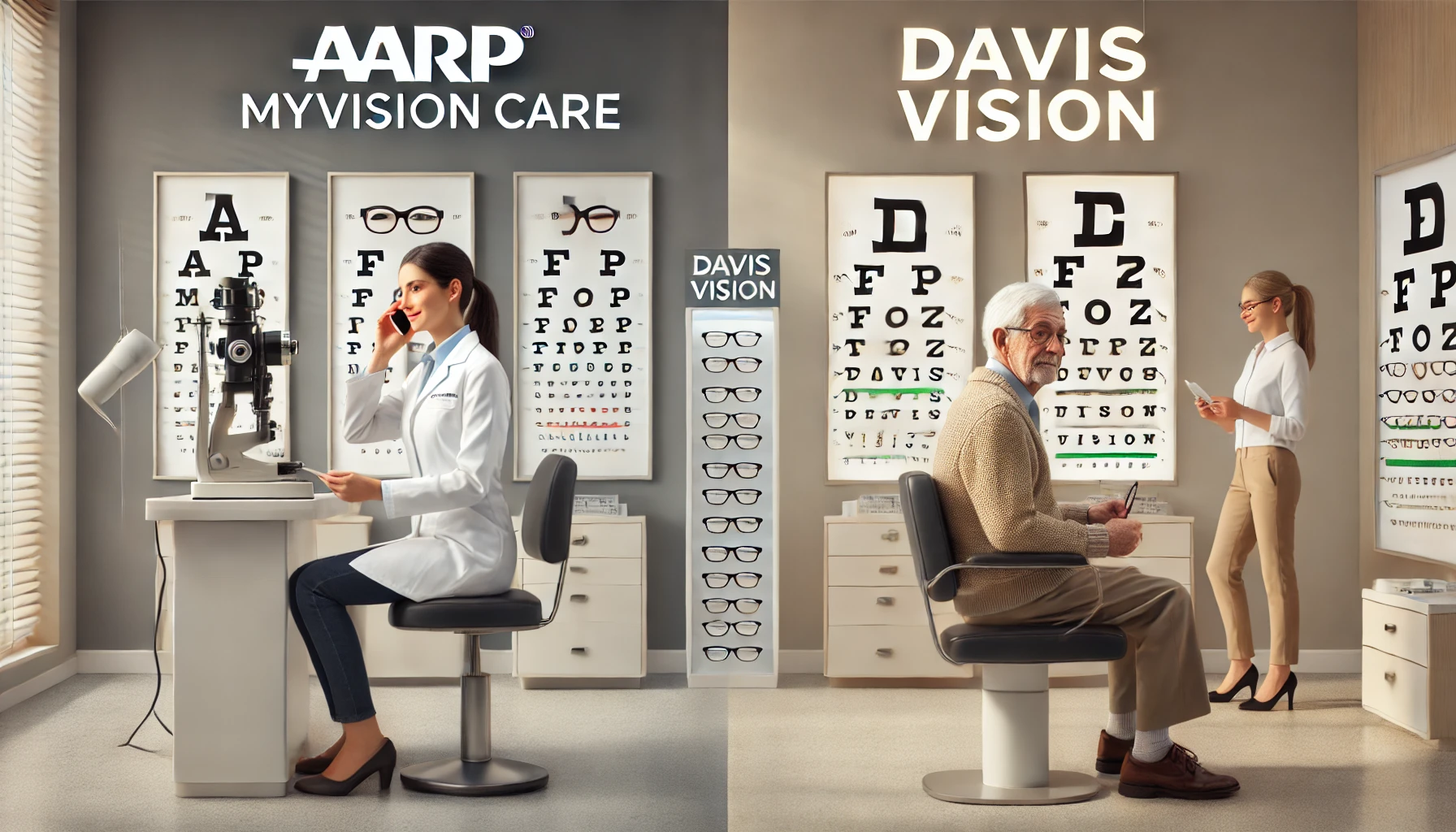 AARP MyVision Care vs Davis Vision comparison — glasses, eye chart, and network icons