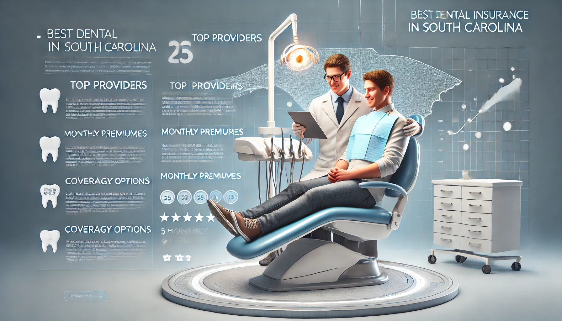 South Carolina dental insurance comparison with a dentist office scene and a map of South Carolina