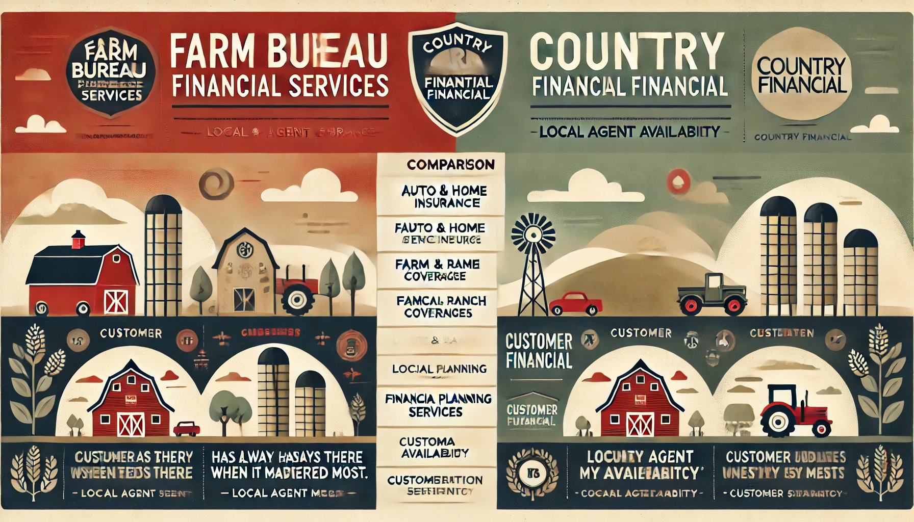 Farm Bureau Financial Services versus COUNTRY Financial — tractors, homes, cars, and shield icons