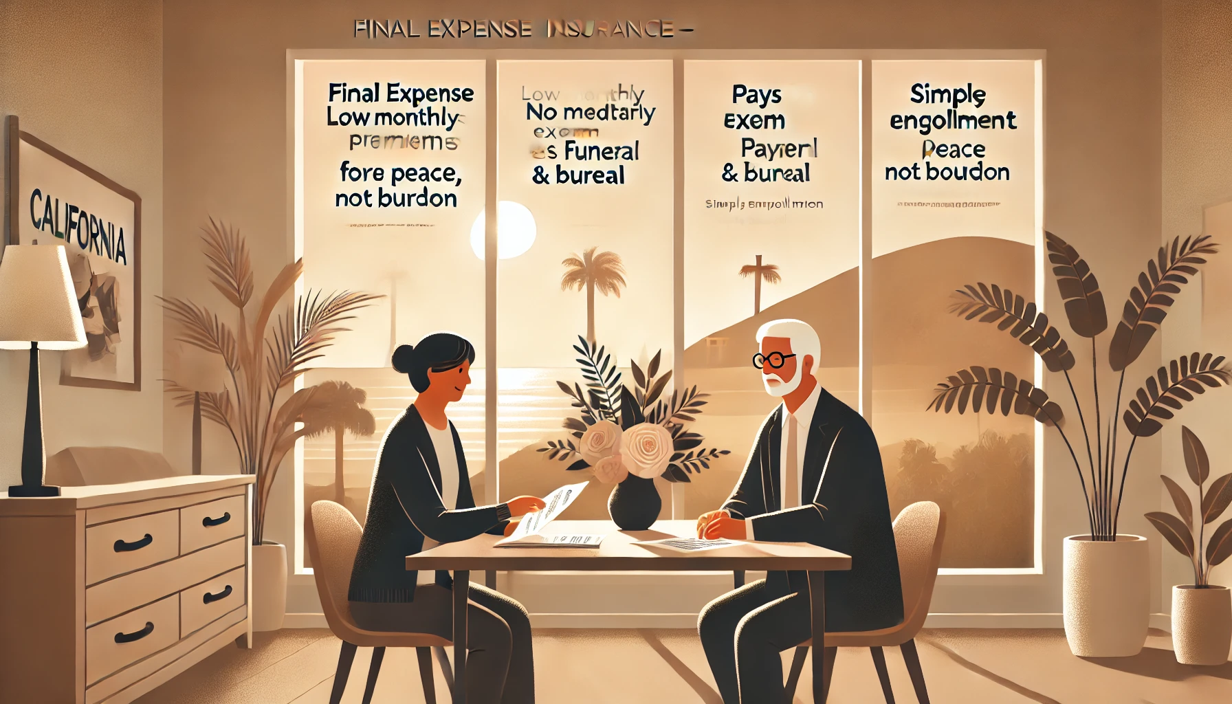 California senior discussing final expense whole life burial insurance options with an independent agent