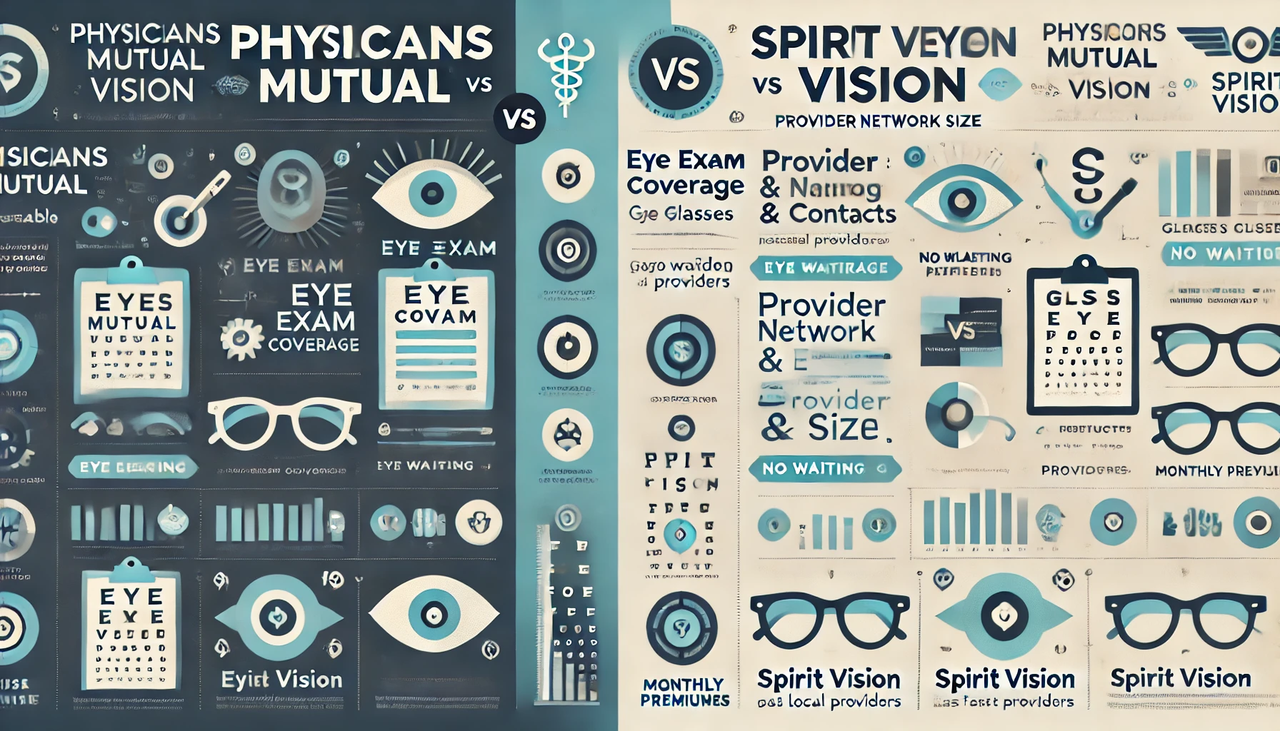 Physicians Mutual Vision versus Spirit Vision comparison with glasses and eye exam symbols