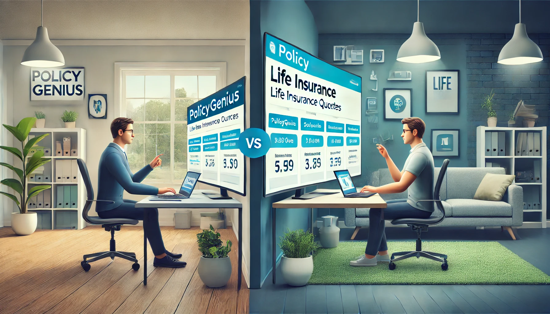 Policygenius vs SelectQuote life insurance marketplace comparison shown on a laptop