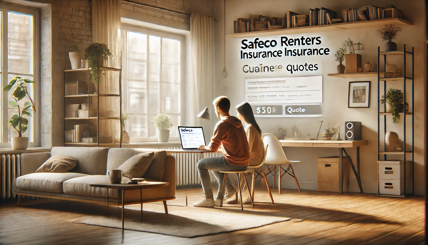 Young renter reviewing a Safeco renters insurance quote in a new apartment with boxes and keys on the table