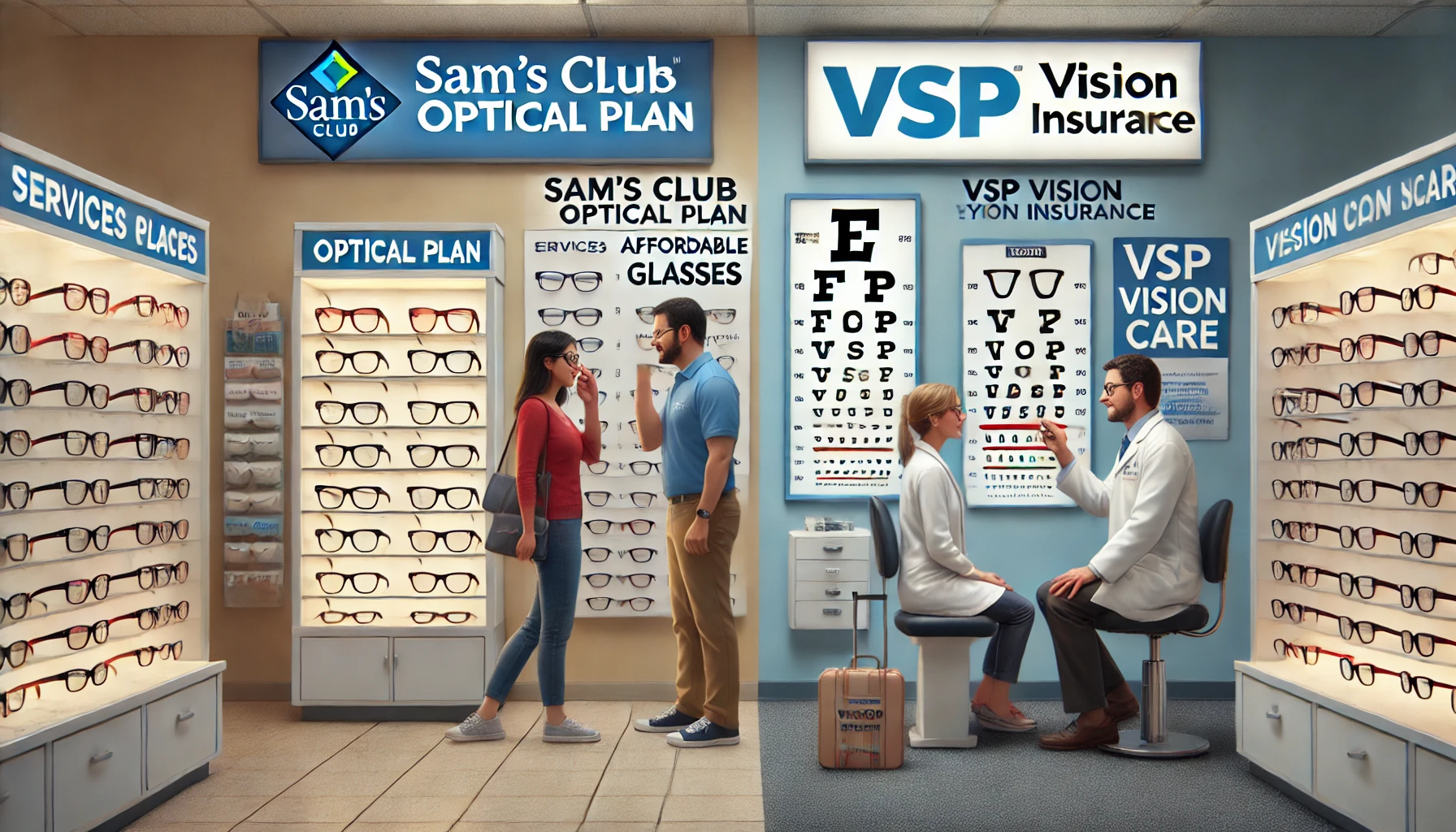 Comparing Sam’s Club Optical retail pricing with VSP vision insurance for exams, lenses, and frames