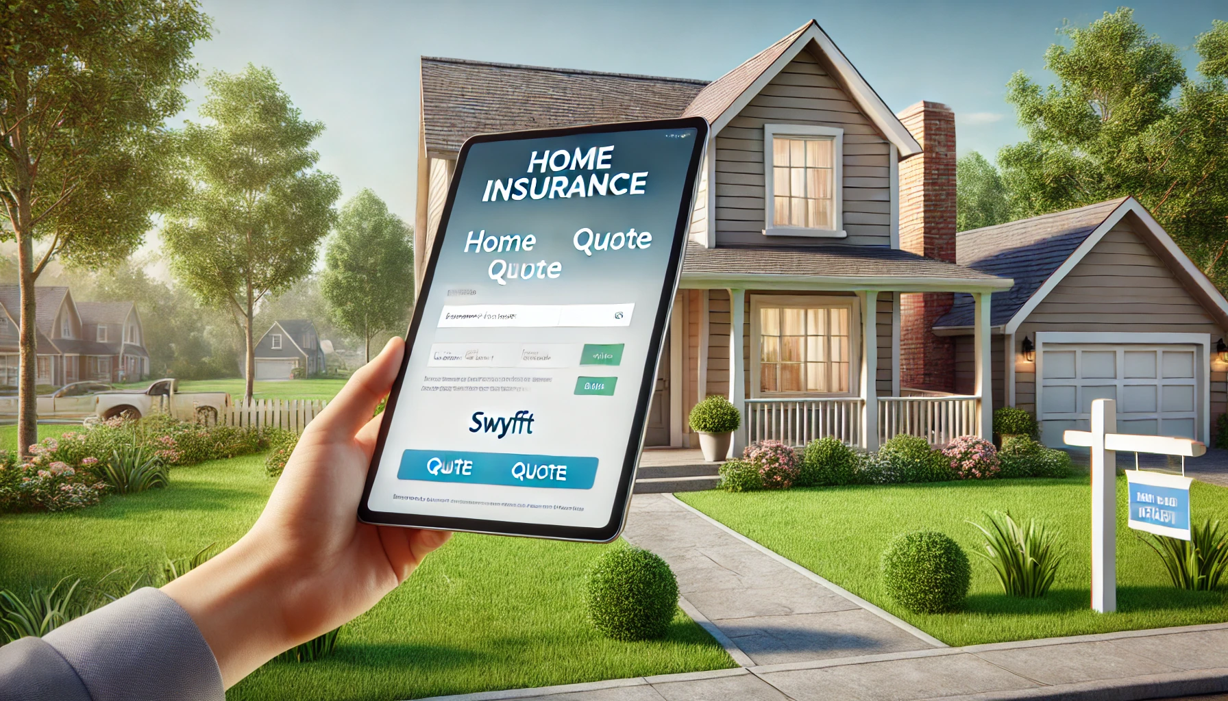 Homeowner reviewing a Swyfft home insurance quote on a laptop with an agent