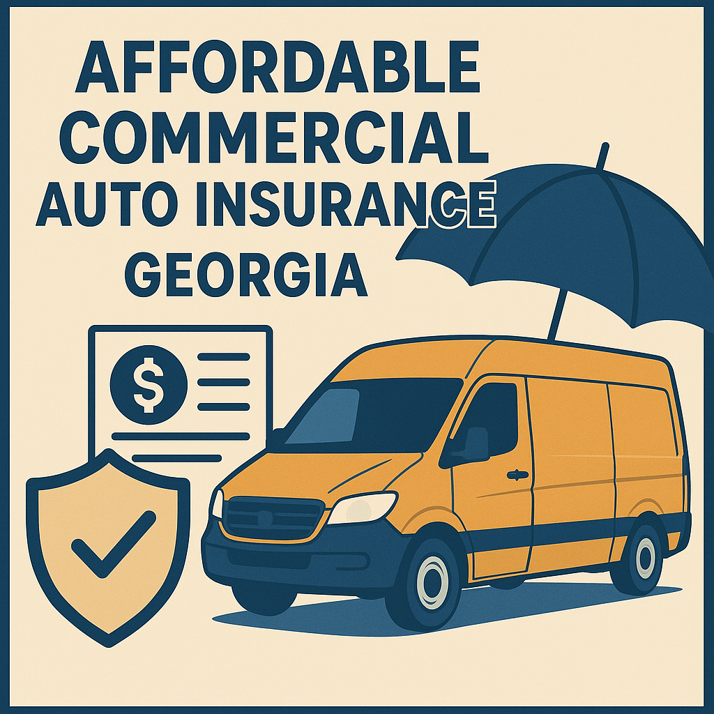 Georgia commercial vehicles—box truck, cargo van, and pickup—parked near a metro skyline