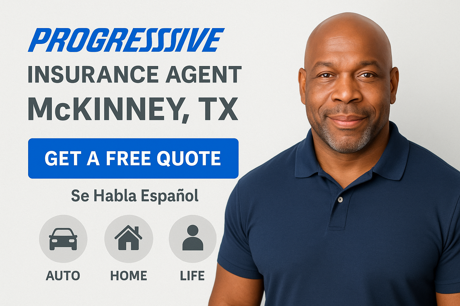 Progressive-style insurance help in McKinney, Texas with car, house and boat icons over a local skyline