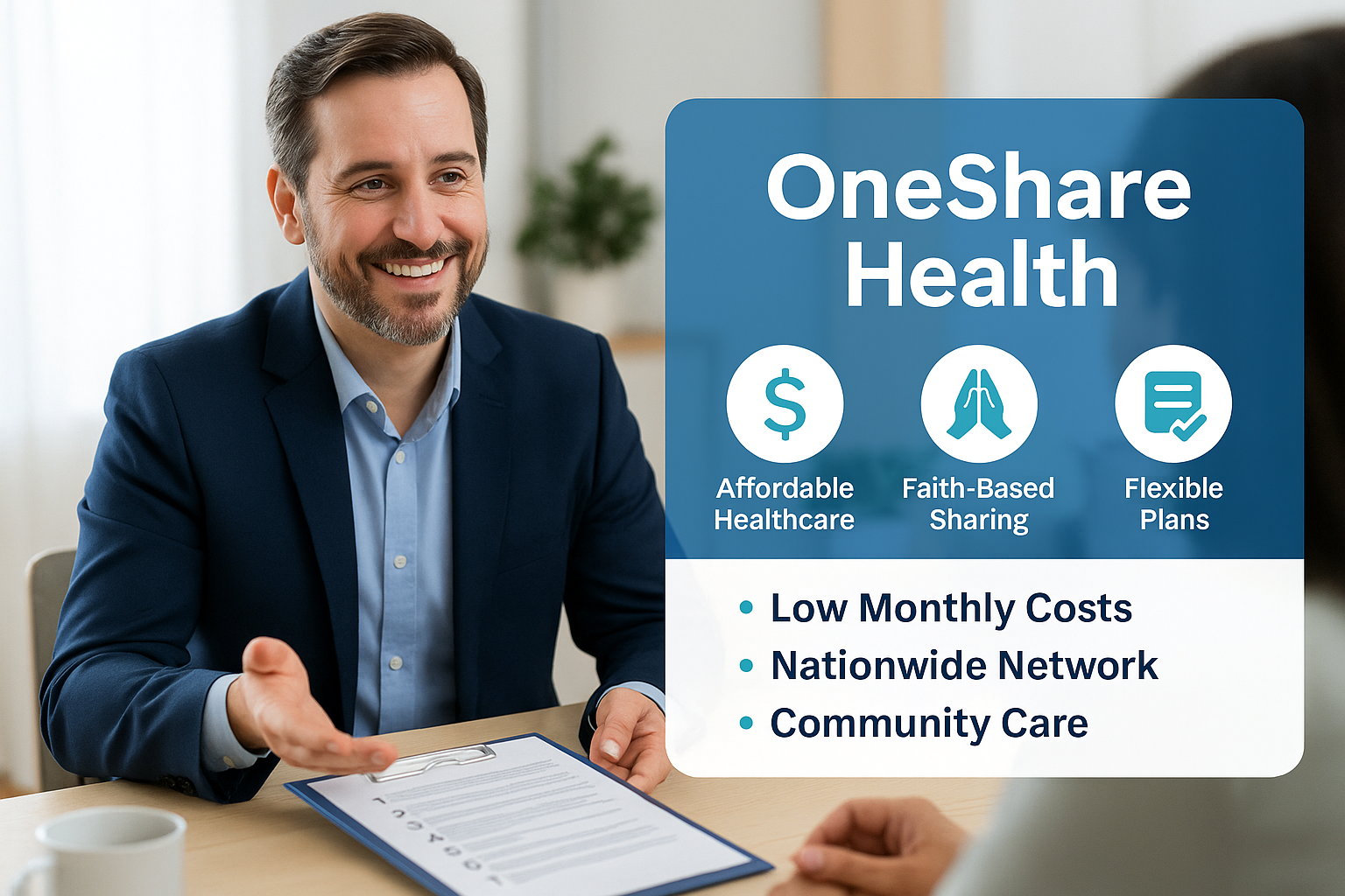 Member comparing OneShare Health sharing membership to regulated health insurance options with an independent advisor