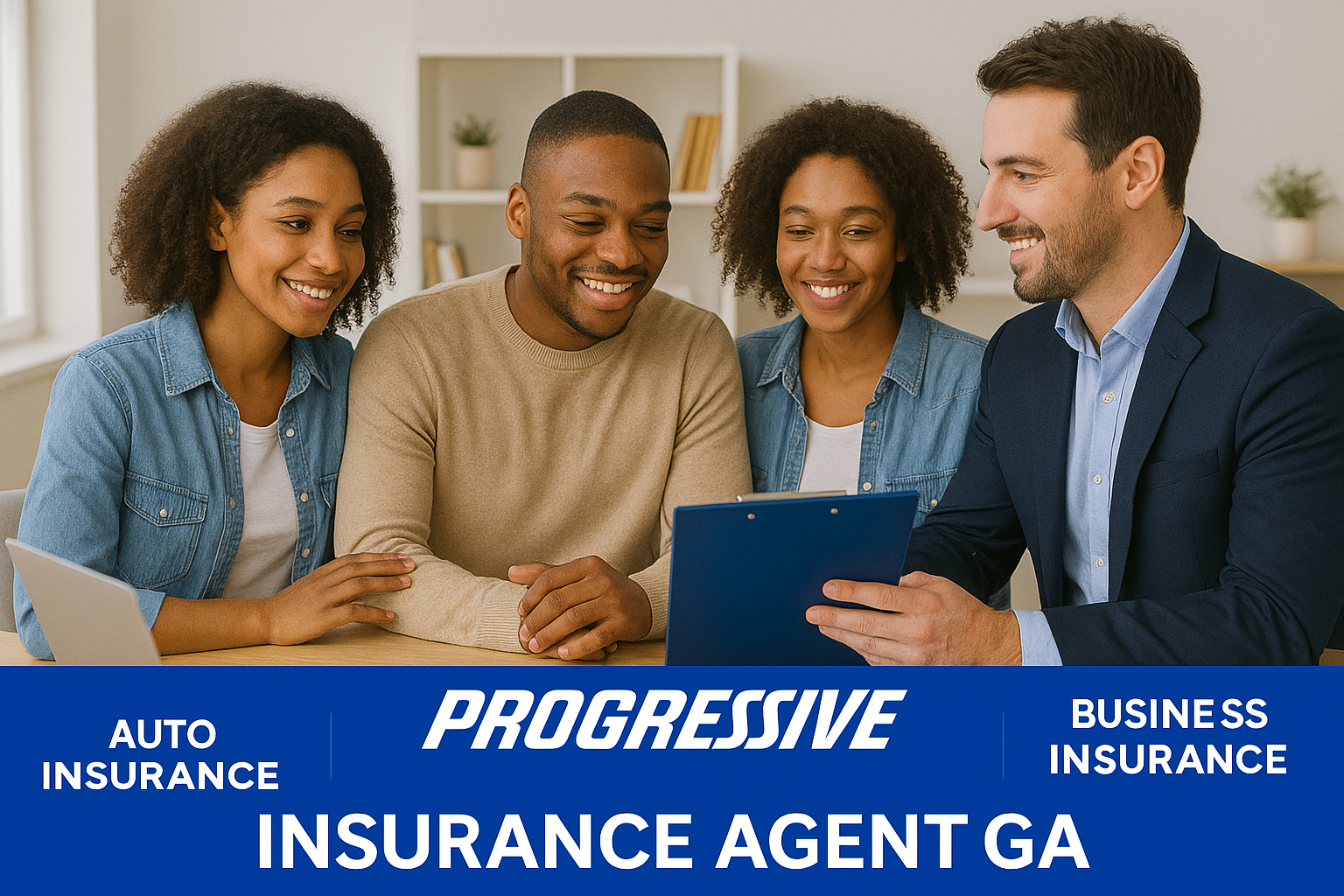 Georgia family reviewing Progressive auto and home insurance options with an agent