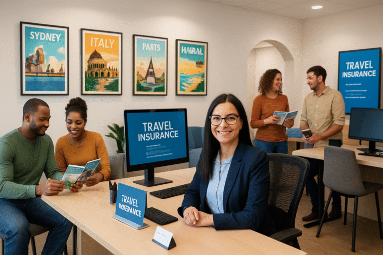 Travel insurance agent at a desk with travelers reviewing brochures