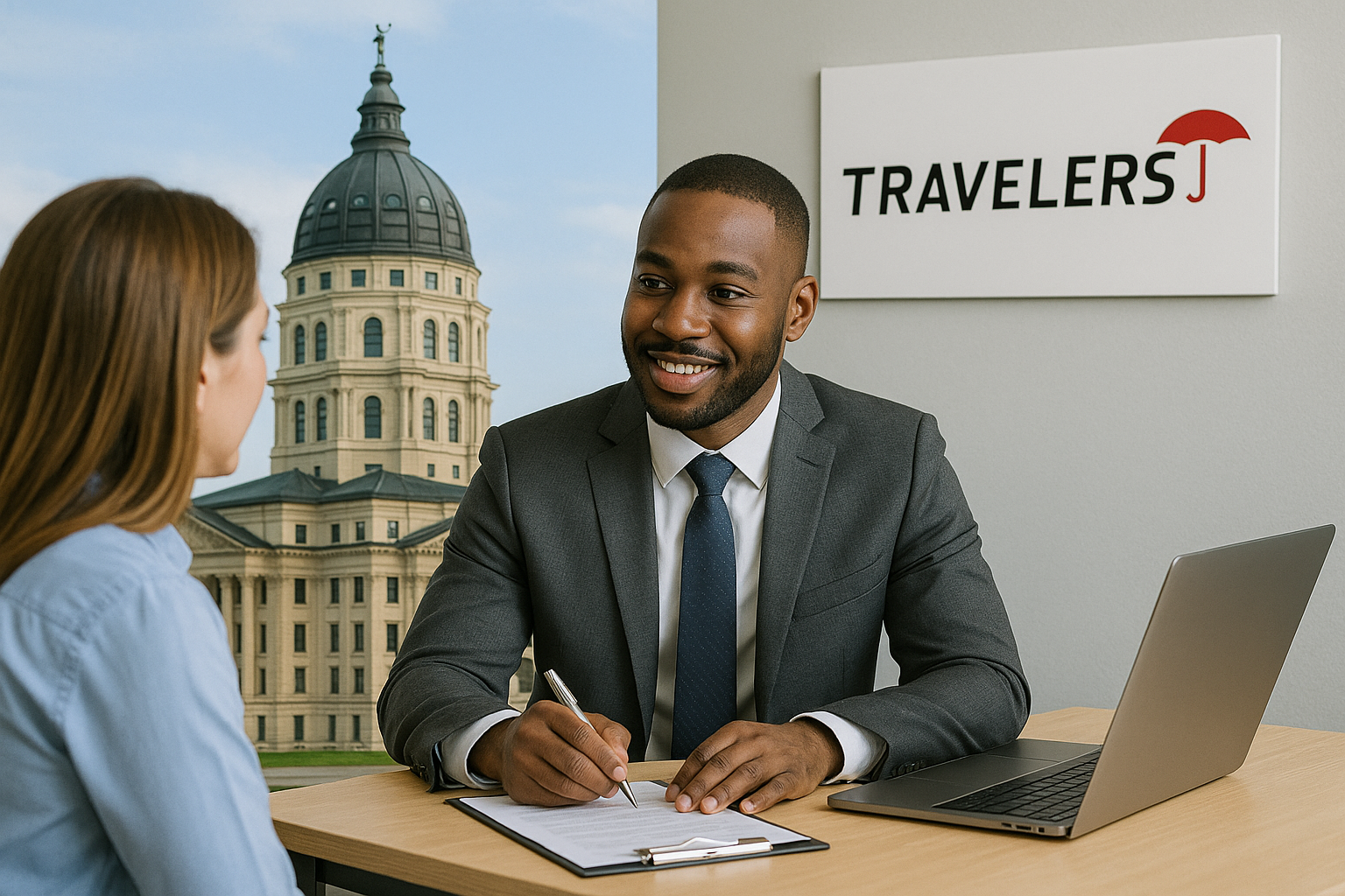 Travelers insurance agent in Kansas reviewing auto and home coverage with a local family