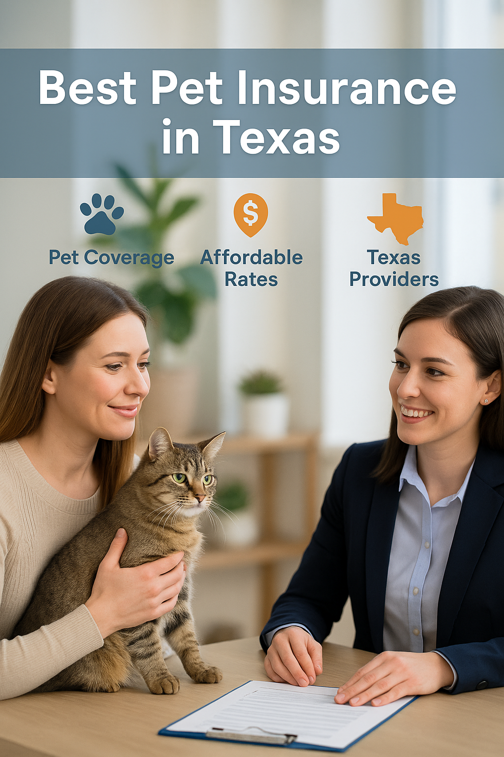 Texas dog at the vet with owner reviewing pet insurance options
