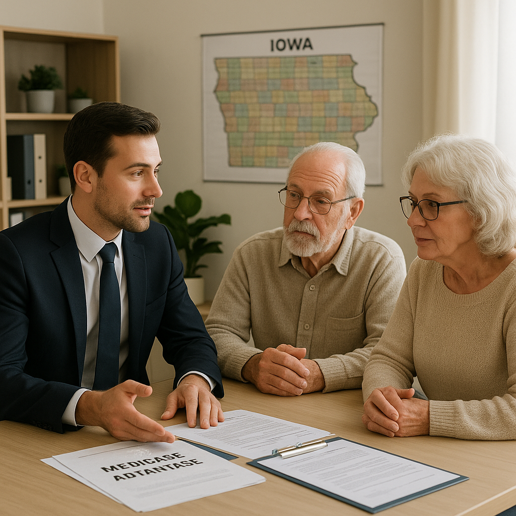 Iowa Medicare agent reviewing 2026 Medicare Advantage, Medigap and Part D options with a couple