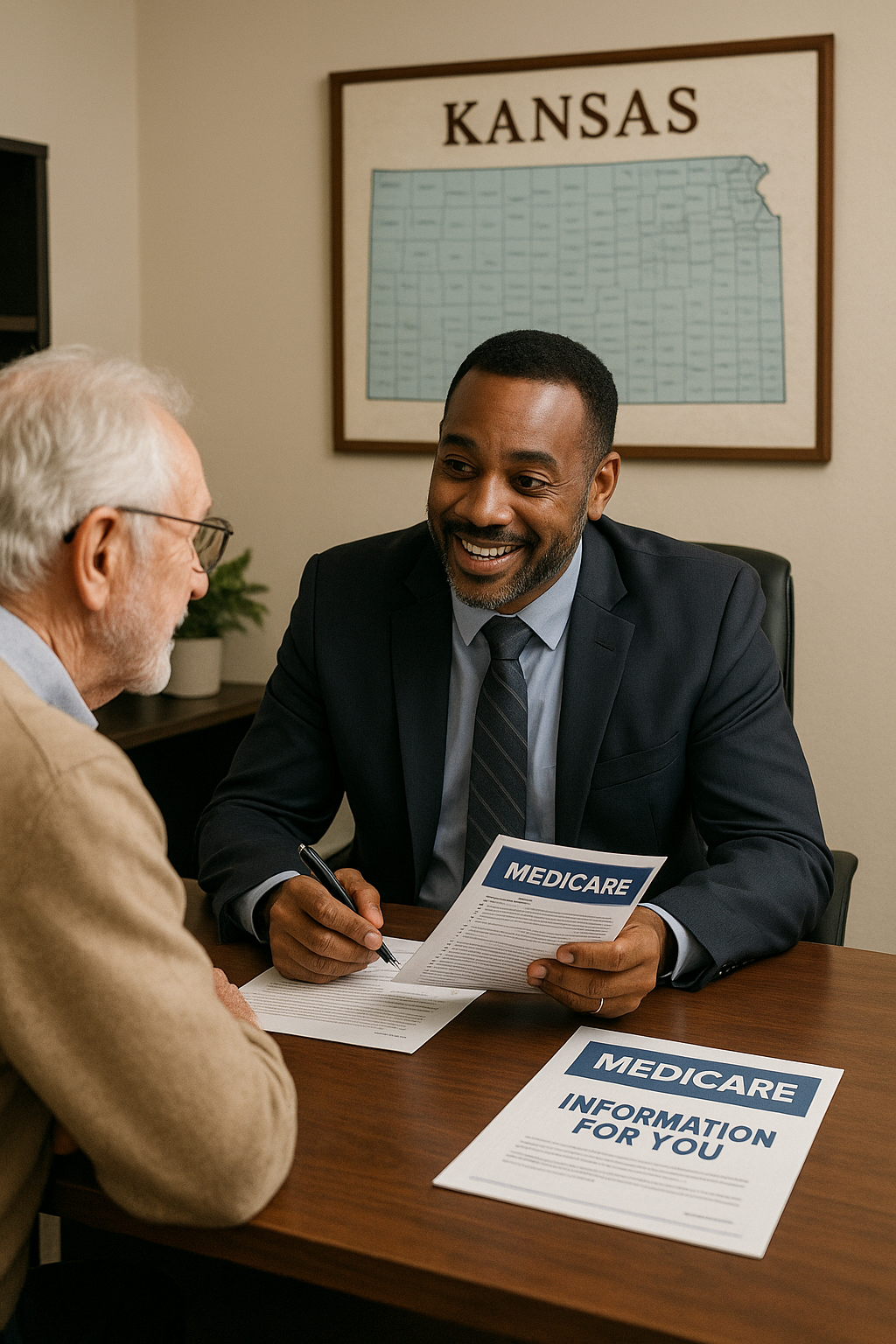 Kansas Medicare agent reviewing 2026 Medicare Advantage, Medigap and Part D options with a couple