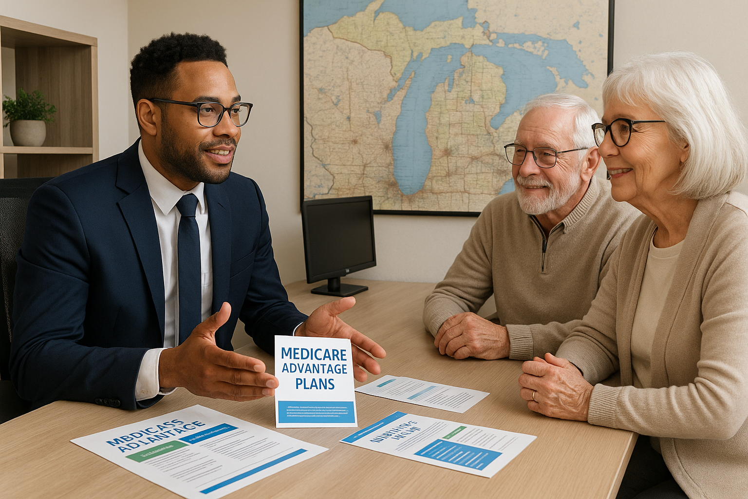 Michigan Medicare agent reviewing 2026 Medicare Advantage, Medigap and Part D options with a couple