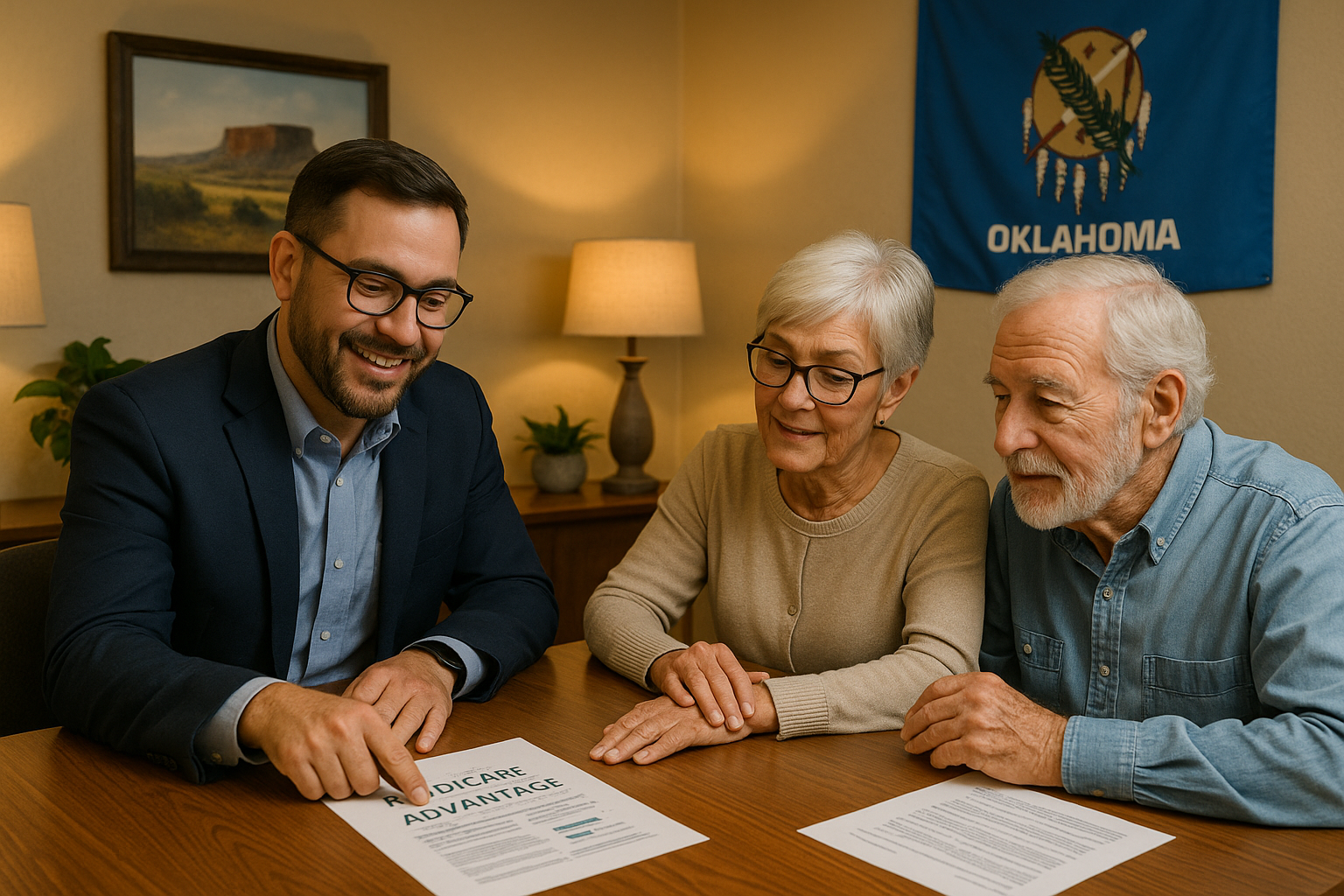 Oklahoma Medicare agent reviewing 2026 Medicare Advantage, Medigap and Part D options with a couple