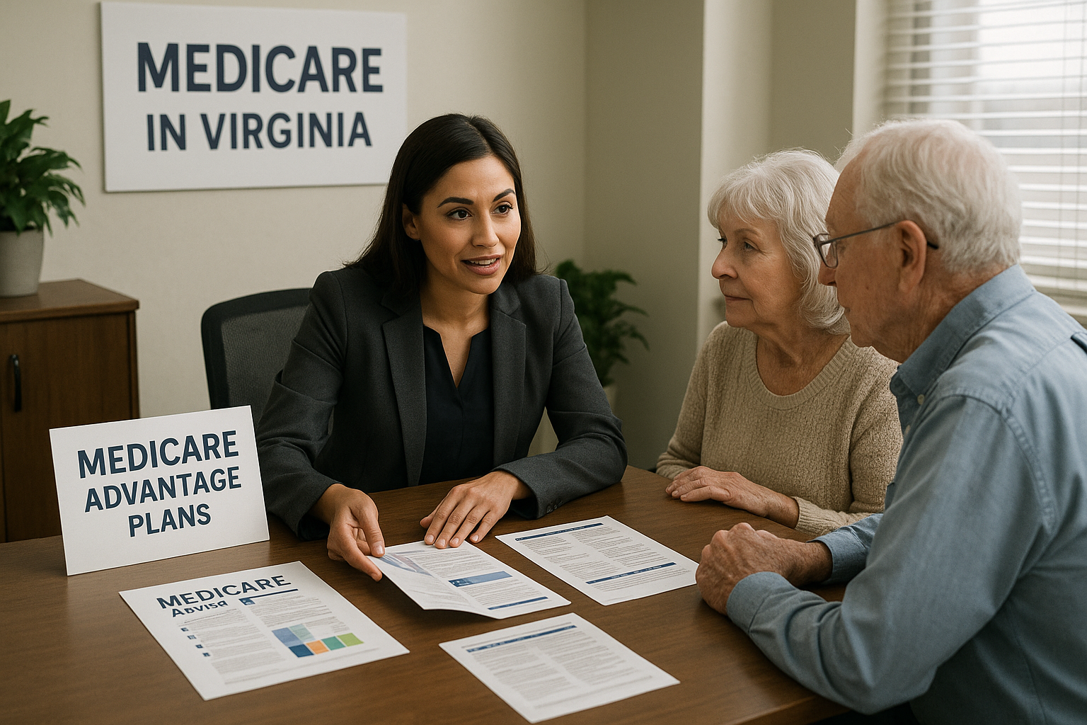 Virginia Medicare agent reviewing 2026 Medicare Advantage, Medigap and Part D options with a couple