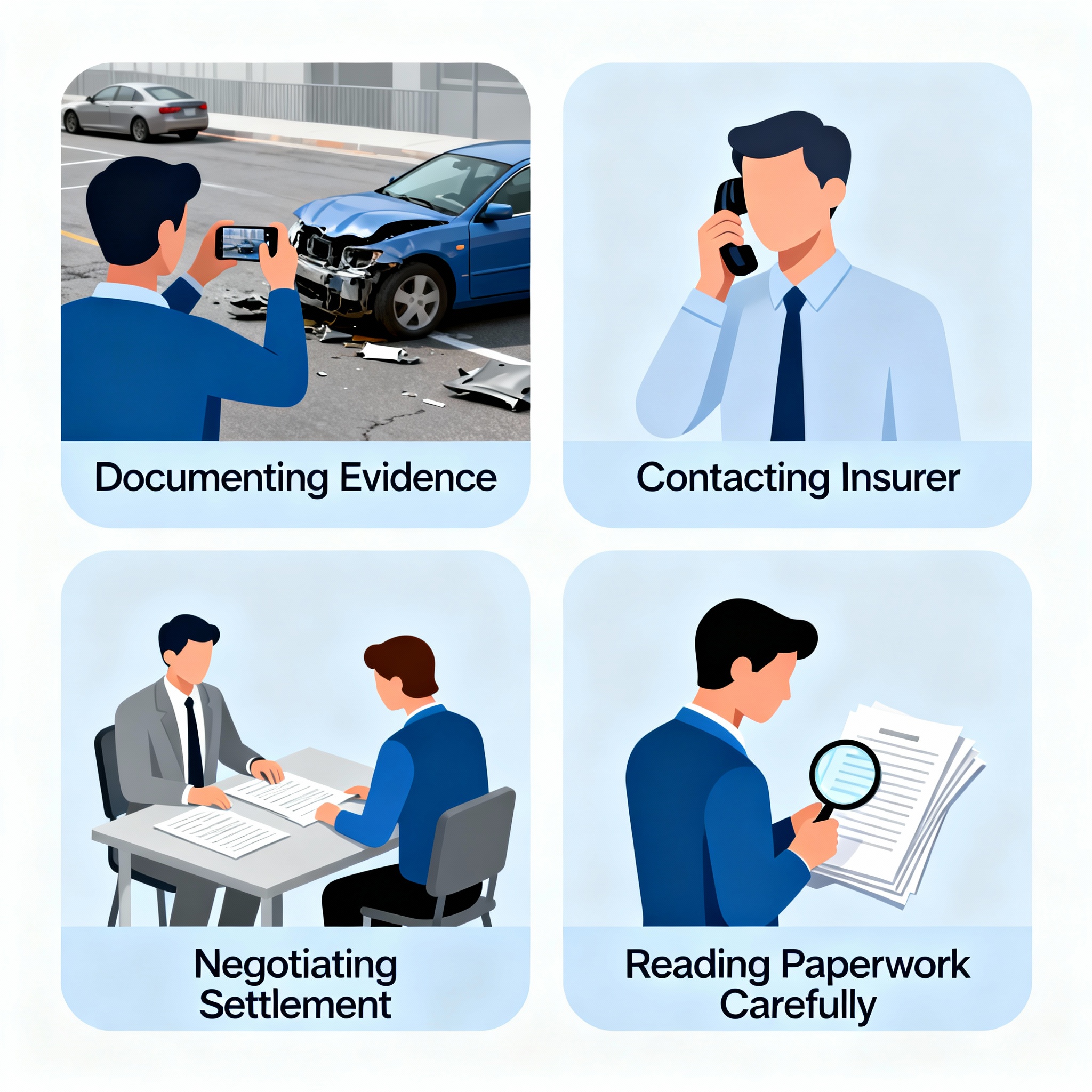 Driver reviewing documents to negotiate a car accident claim settlement