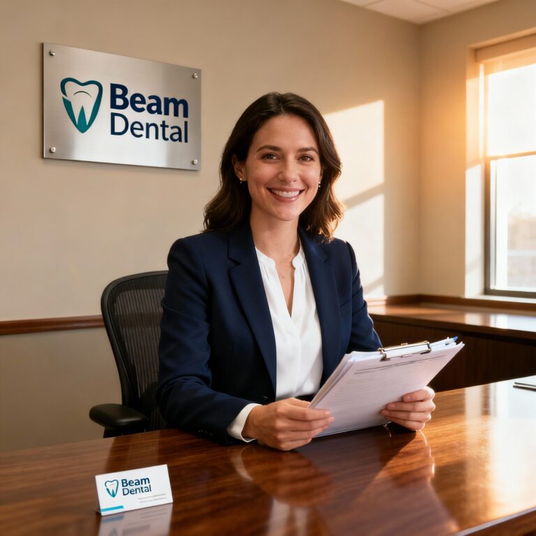 Benefits representative holding a clipboard in an office with a Beam Dental sign