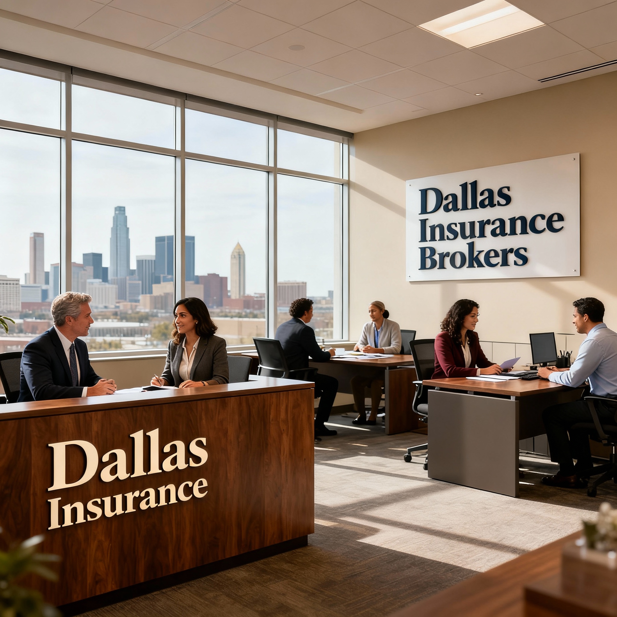 Dallas skyline at sunset with an insurance broker meeting local clients