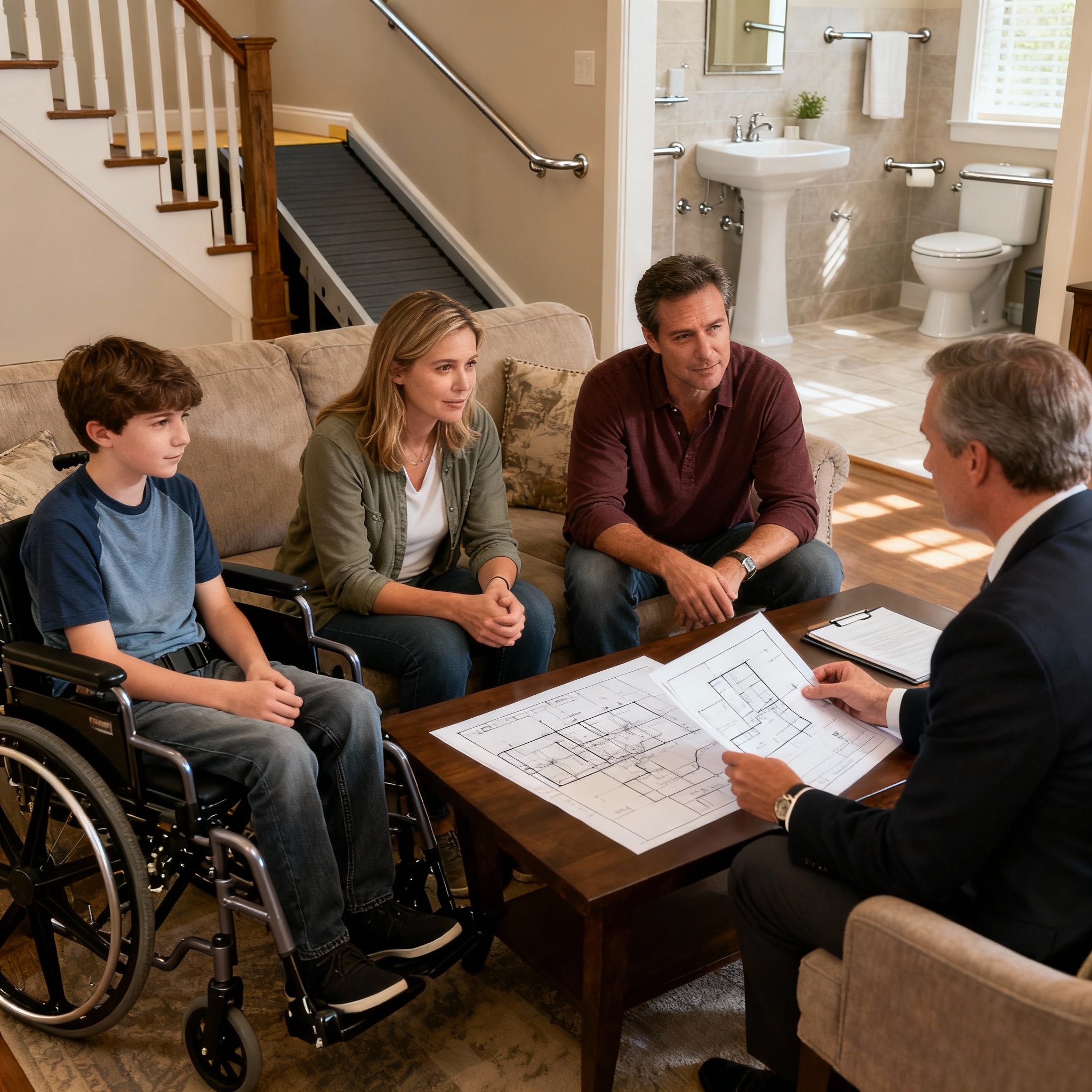 Accessible home with ramp, wide doorways, and grab bars for special needs