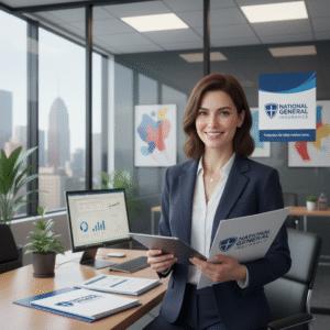 Insurance agent holding policy materials in an office