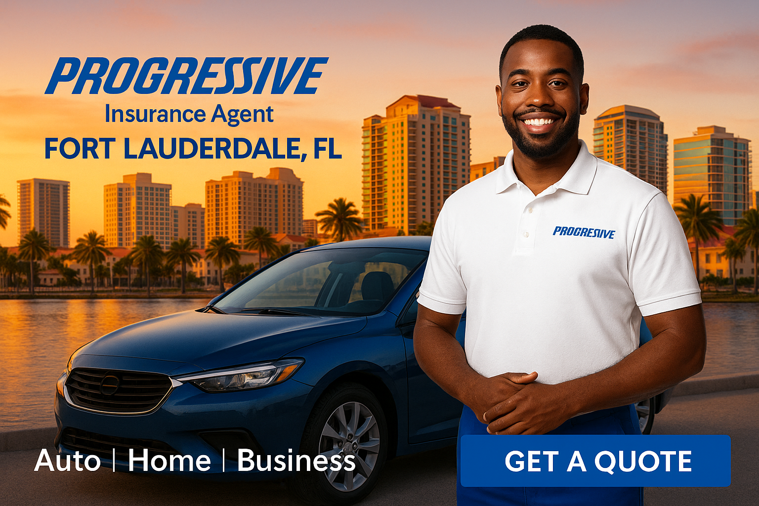 Progressive insurance in Fort Lauderdale with beach skyline theme for auto, boat and home quotes
